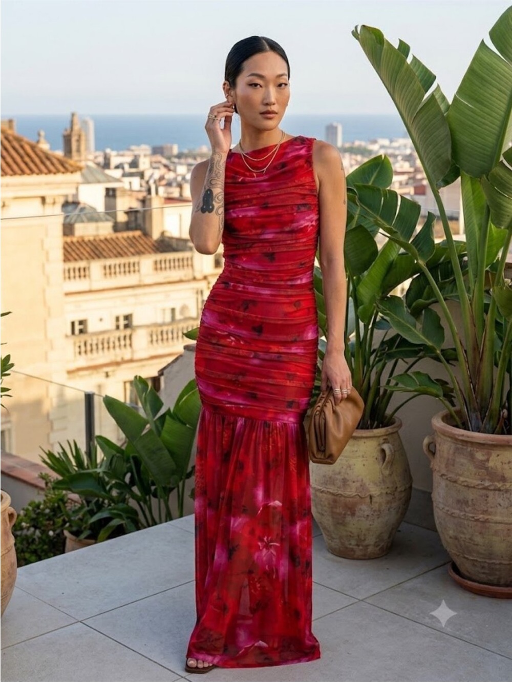 Elliatt Elise Red Ruched Bodycon Mermaid Mesh Dress - Picture 3 of 6